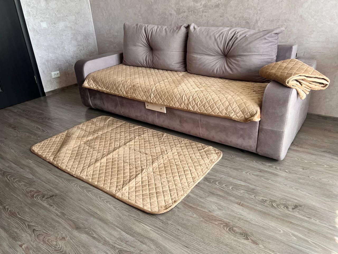 Набір накидок на диван дивандеки комплект, покривало на диван велюрове щільне Пісочний, фото 1