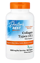 Колаген Collagen Types 1 and 3 with Peptan and Vitamin C 1000 мг Doctor's Best 180 таблеток