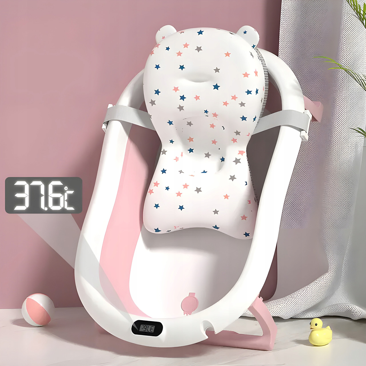 Складна дитяча ванночка для купання Axel з термометром і подушкою силіконова компактна з підставкою, фото 1