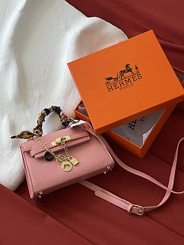 Сумка жіноча Hermes Kelly mini рожевий із хусткою крос боді Хермес