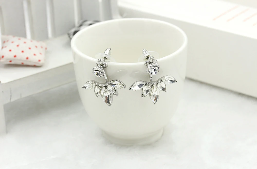 Сережки кристали з листям білі каміння цирконій сережки-манжети, фото 1