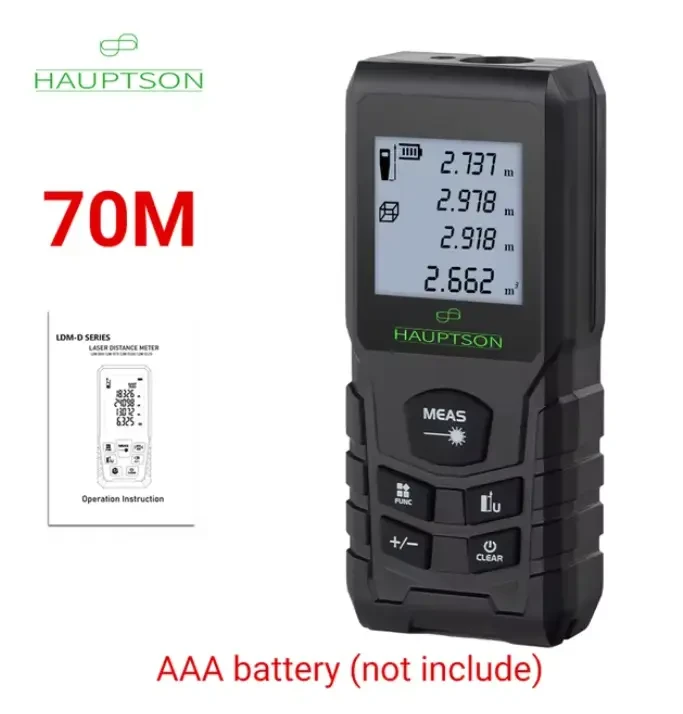 Лазерний далекомір Hauptson HS-L70 (70 м) з LCD-дисплеєм, пам'яттю — електронна рулетка для вимірювання відстані, площі, фото 1