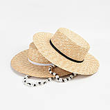 Солом`яна шляпа канотьє жіноча пляжна зі шнурком з перлин, фото 4