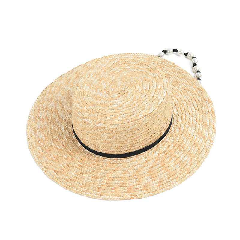 Солом`яна шляпа канотьє жіноча пляжна зі шнурком з перлин, фото 1