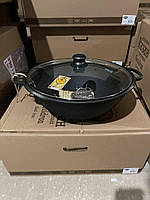 Казан 8л, Ø34см, вага 6,97 кг, чавунний узбецький WOK, кришка скло (Т405С3)