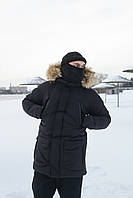 Чоловіча чорна куртка-парка зимова подовжена з хутром, Утеплена водовідштовхувальна парка чорного кольору з капюшоном на пуху