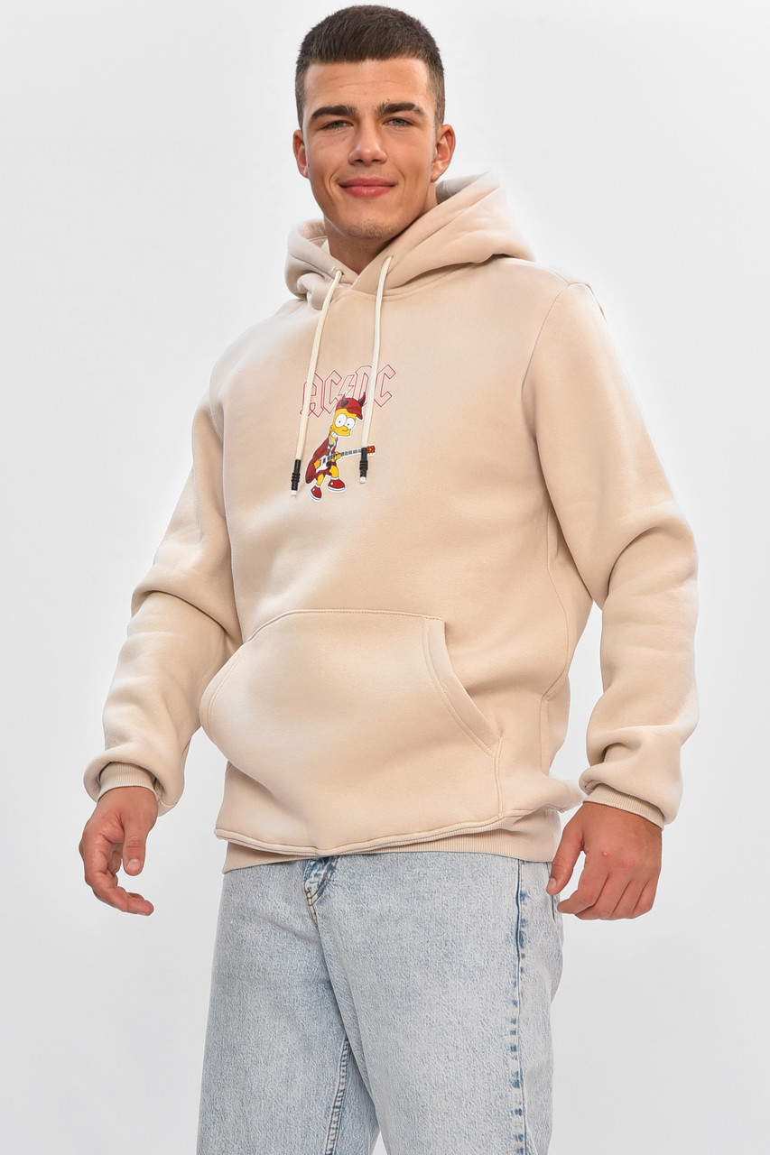 Худі чоловіче на флісі світло-бежевого кольору з принтом 205038P, фото 1