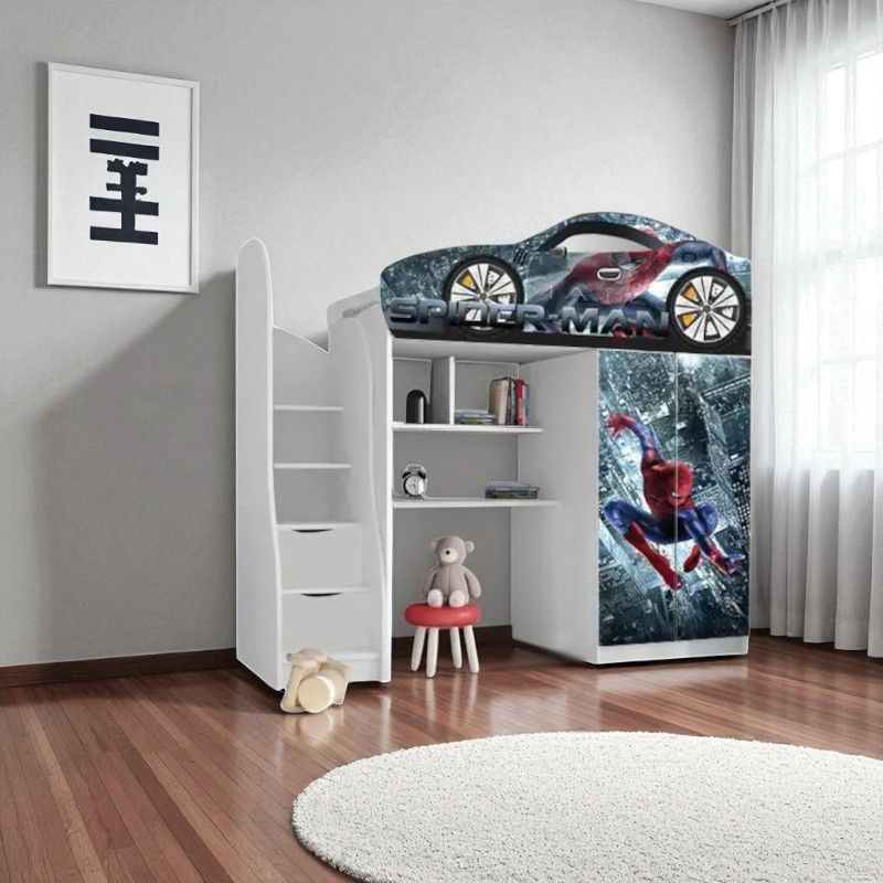 Ліжко горище Людина Павук Шок Драйв, ліжко горка з робочою зоною, ліжко кімната з шафою, фото 1