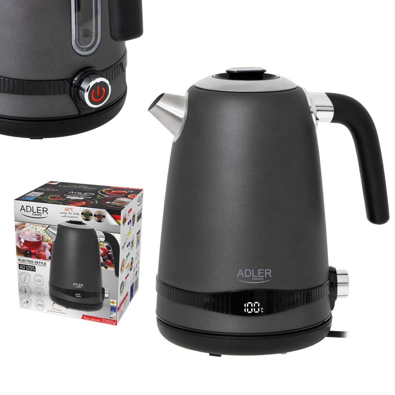 Чайник Adler AD 1295 grey, 1.7 L, 2200 Вт, з LCD-дисплеєм, фото 1