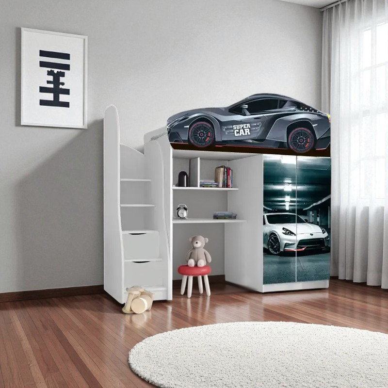Ліжко горище Суперкар, ліжко горка з робочою зоною, ліжко кімната з шафою, фото 1