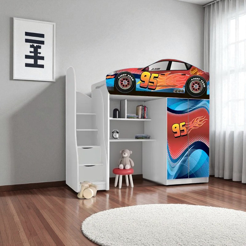 Ліжко горище Тачки Шок Драйв, ліжко горка з робочою зоною, ліжко кімната з шафою, фото 1