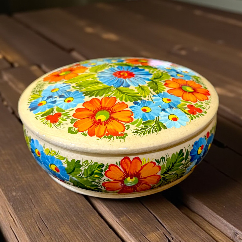 Скринька кругла 16 см. Петриківський розпис ручної роботи з дерева