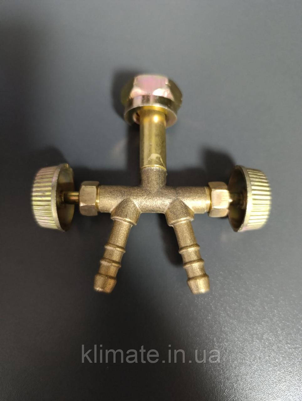 Кран-трійник для газового балона різь ліва W21,8 мм, подвійний штуцер на газовий балон, фото 1