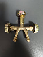 Кран-трійник для газового балона різь ліва W21,8 мм, подвійний штуцер на газовий балон