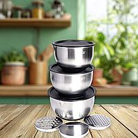 Набір із 3 мисок із нержавіючої сталі з кришками терками 2.5 л / 2 л / 1.5 л посуд для кухні HoReCa