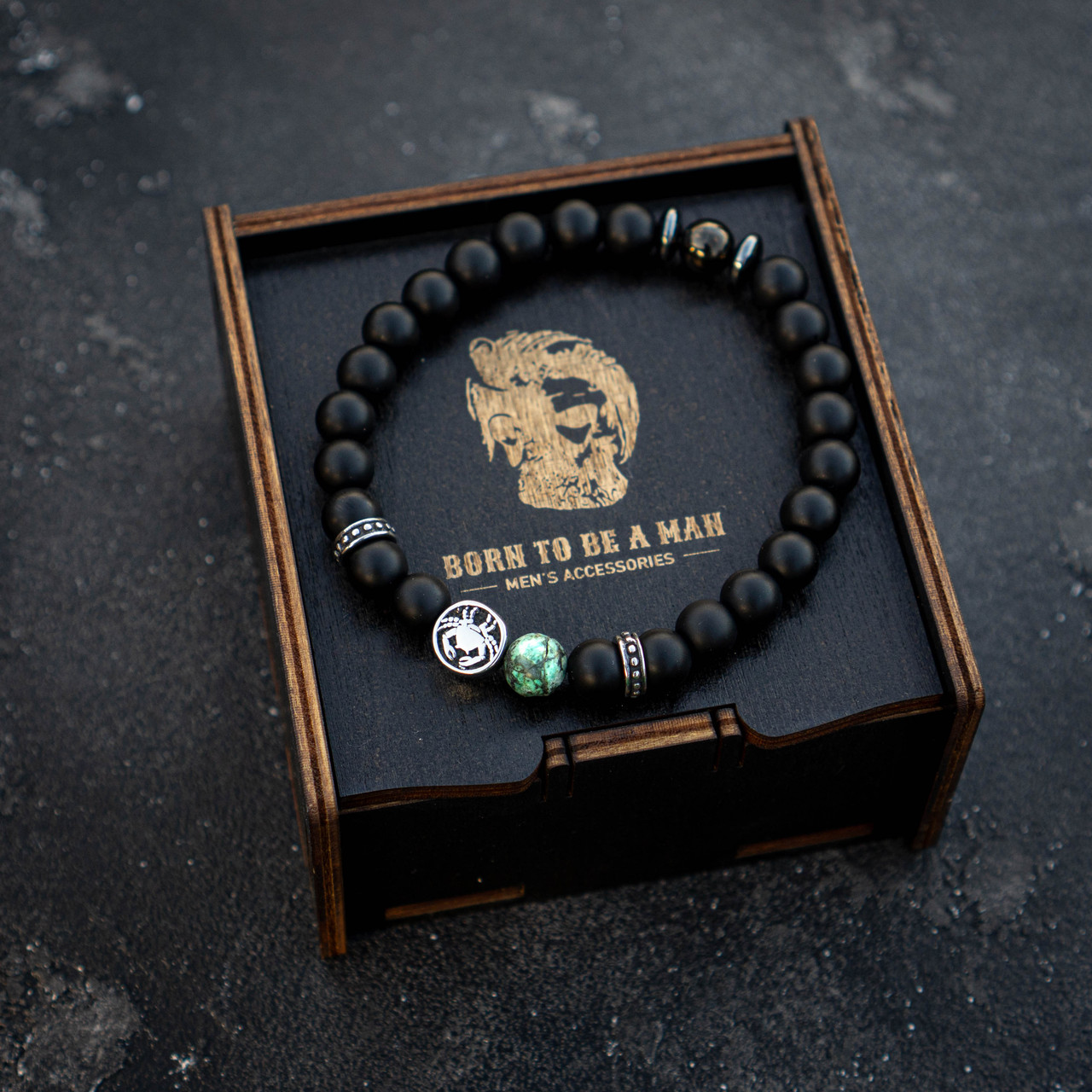 Чоловічий раслет зі знаком Зодіаку Рак з натурального каміння, фото 1