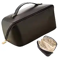 Косметичка с полным доступом из экокожи (23,5х13х13 см), Черная / Дорожная женская сумка-косметичка