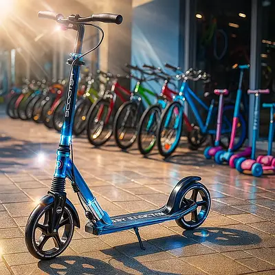 Самокат алюмінієвий для дітей і дорослих складаний з фарою поліуретановими колесами і ручним гальмом Блакитний