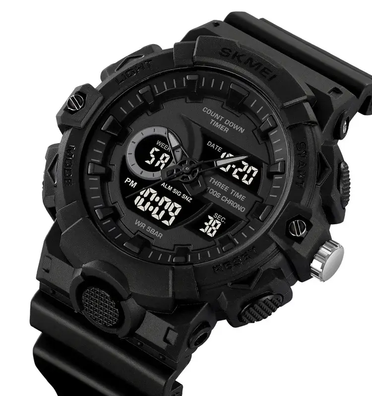 Чоловічий наручний спортивний годинник Skmei 2225 з комбінованим циферблатом (Чорний з чорним), фото 1