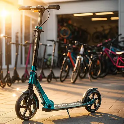 Самокат складаний для дітей і дорослих алюмінієвий з фарою PU колесами підсвічуванням підсвічуванням і ручним гальмом Бірюзовий