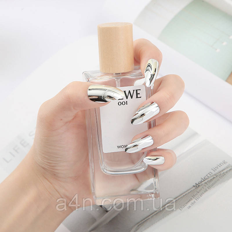 Накладні нігті 24 шт. дзеркальні, срібло + клейові стики для нігтів, типси мигдаль для манікюру, фото 1