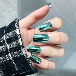Дзеркальні накладні нігті 24 шт., бірюзовий + клейові стики для нігтів, типси квадрат для манікюру