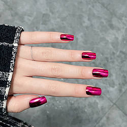 Дзеркальні накладні нігті 24 шт., фуксія + клейові стики для нігтів, типси квадрат для манікюру