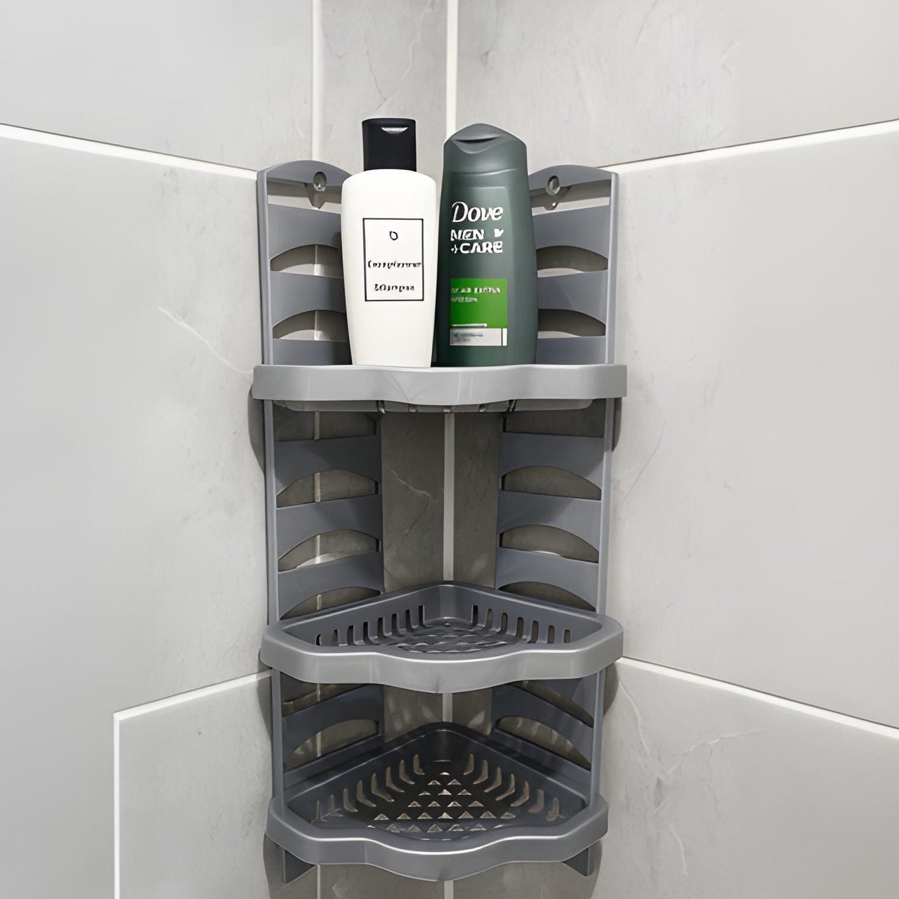 Полиця кутова для ванної 3-рівнева, пластик, колір металік, 58.5×28×22 см