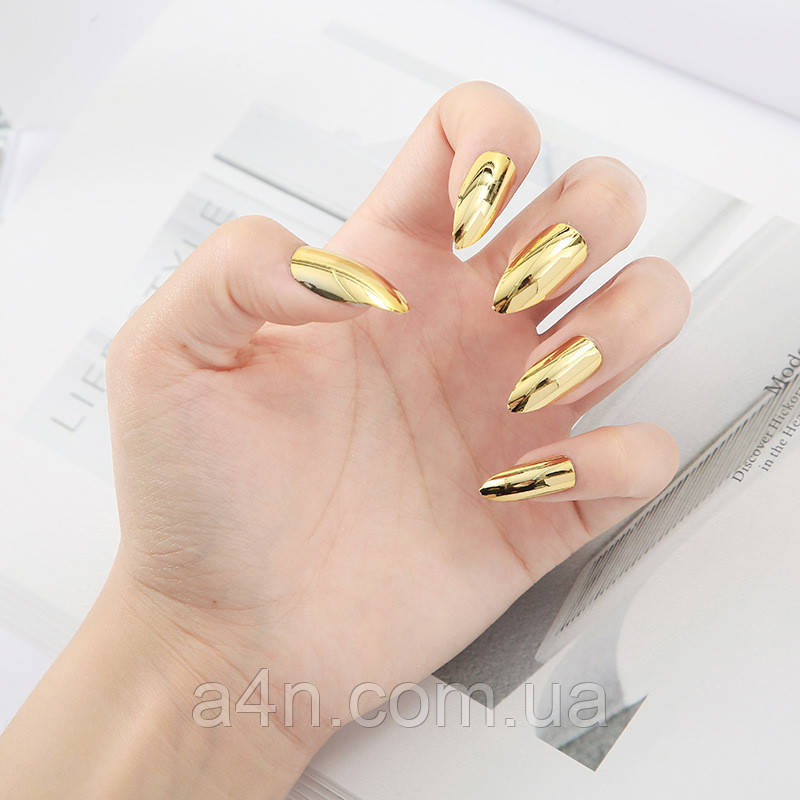 Накладні нігті 24 шт. дзеркальні, золоті + клейові стики для нігтів, типси мигдаль для манікюру, фото 1