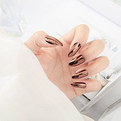 Накладні нігті 24 шт. дзеркальні, бронзові + клейові стики для нігтів, типси мигдаль для манікюру
