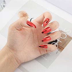 Накладні нігті 24 шт. дзеркальні, червоні + клейові стики для нігтів, типси мигдаль для манікюру