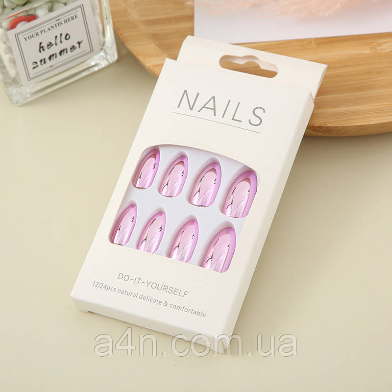 Накладні нігті 24 шт. дзеркальні, світло-рожеві + клейові стики для нігтів, типси мигдаль для манікюру, фото 1