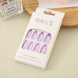 Накладні нігті 24 шт. дзеркальні, світло-рожеві + клейові стики для нігтів, типси мигдаль для манікюру