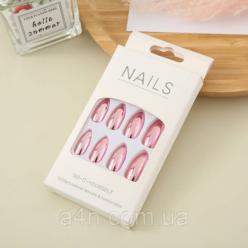 Накладні нігті 24 шт. дзеркальні, рожеві + клейові стики для нігтів, типси мигдаль для манікюру., фото 1