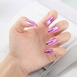 Накладні нігті 24 шт. дзеркальні, фуксія + клейові стики для нігтів, типси мигдаль для манікюру