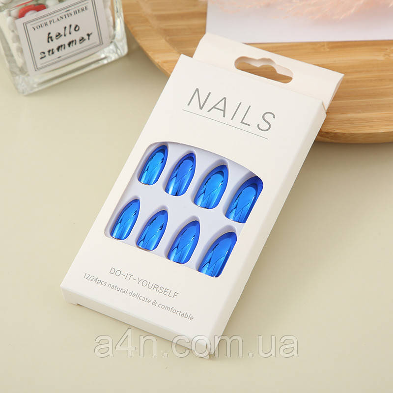 Накладні нігті 24 шт. дзеркальні, сині + клейові стики для нігтів, типси мигдаль для манікюру, фото 1