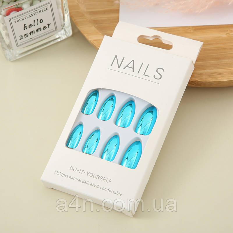 Накладні нігті 24 шт. дзеркальні, бірюзовий + клейові стики для нігтів, типси мигдаль для манікюру, фото 1