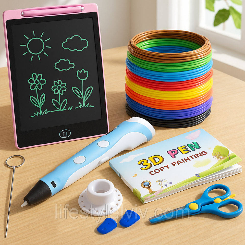 Набір 3D-ручка з трафаретами та планшетом, від мережі, 3DPEN-6, Синій / Дитяча 3д ручка / Набір для творчості, фото 1