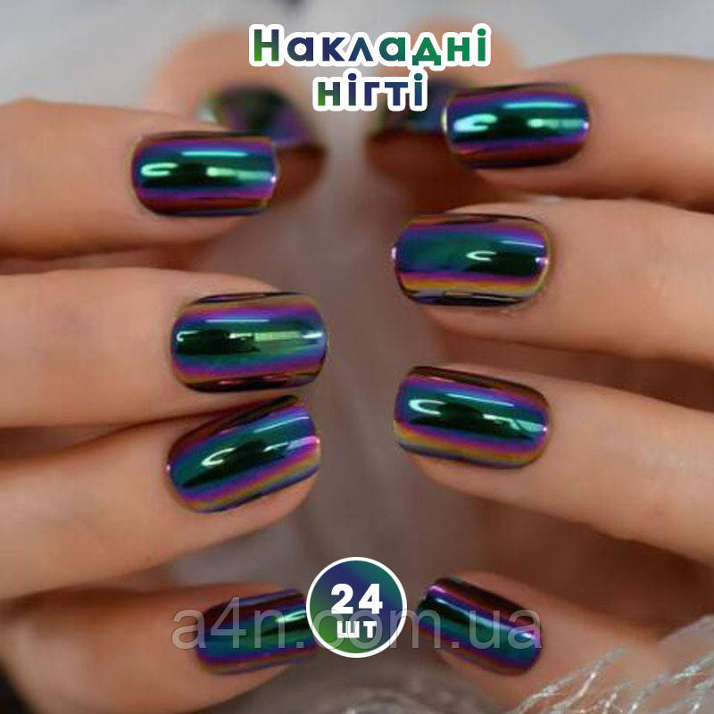 Накладні нігті 24 шт. дзеркальні, зелений хамелеон + клейові стики для нігтів, типси квадрат для манікюру, фото 1