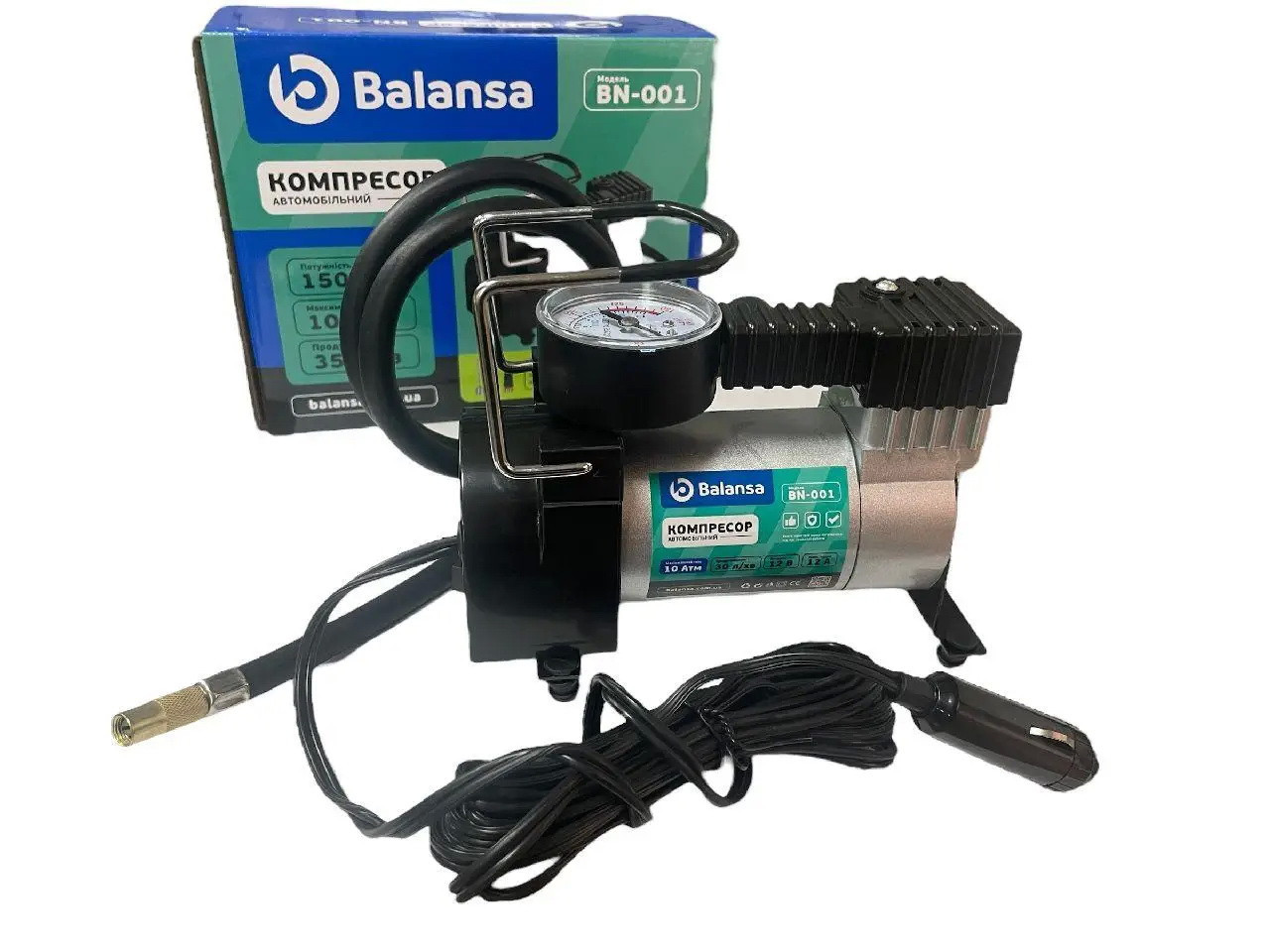 Компрессор автомобільний Balansa 10атм/35л/12А/1м шланг/прикур/насадки/сумка, фото 1