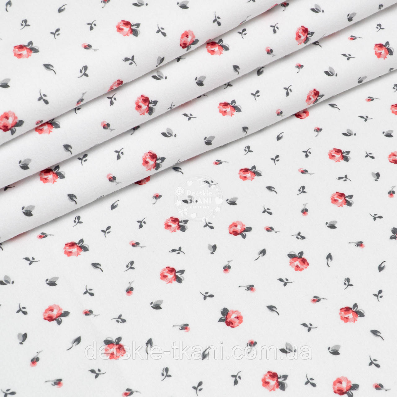 Фланель "Поодинокі червоні трояндочки на білому тлі"", ширина 240 см, фото 1