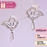 Сережки пусети серія 925 стрази колір білий 18х14мм метал сріблястий купити біжутерію дешево оптом в інтернеті