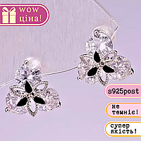 Сережки пусети серія 925 камені колір білий чорний 13х13мм метал сріблястий Корея купити біжутерію дешево оптом в інтернеті