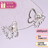 Сережки пусети Метелики серія 925 стрази колір білий 10х10мм метал сріблястий купити біжутерію дешево оптом в інтернеті