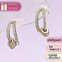 Сережки пусети напівкільца серія 925 стрази колір білий 6х15мм метал золотистий Корея купити біжутерію дешево оптом в інтернеті