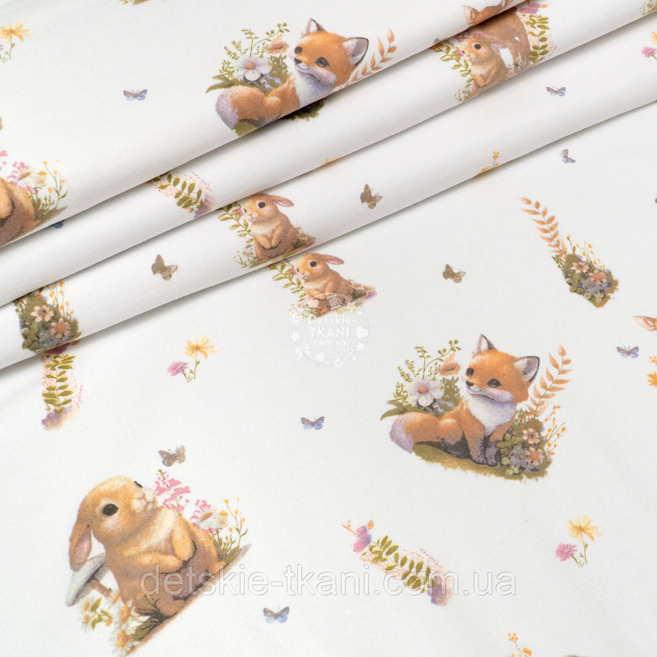 Фланель "Лисички, козулі та зайчики в квітах", ширина 240 см, фото 1