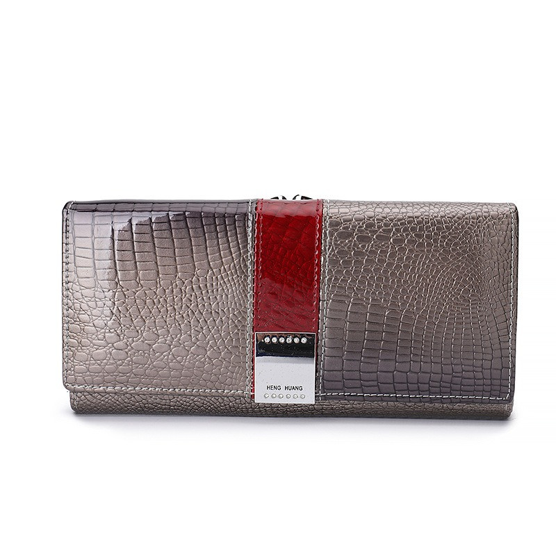 Гаманець жіночий шкіряний лаковий з тисненням під крокодила у подарунковій коробці Сріблястий, фото 1