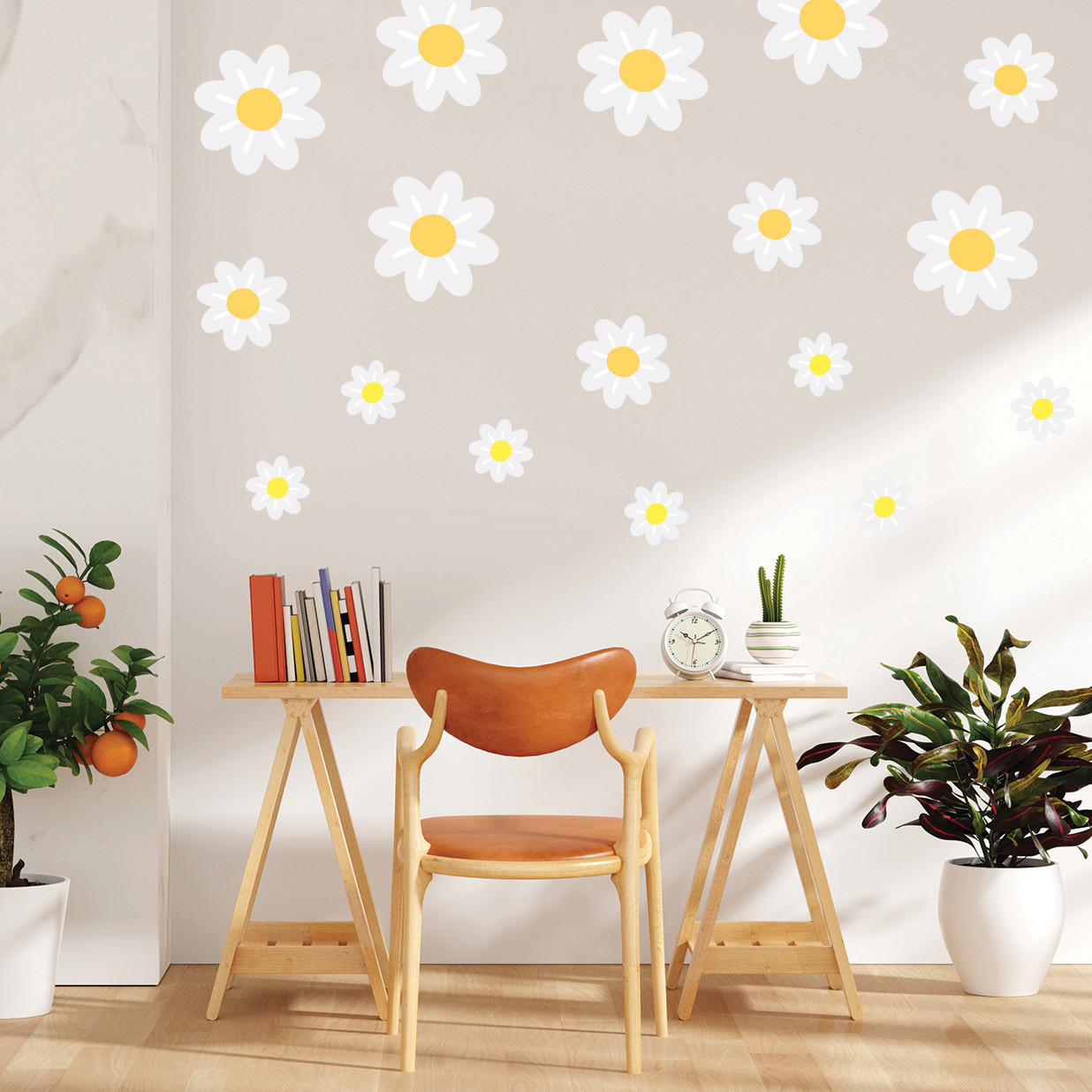 Вінілові наклейки на стіну Білі Ромашки квіти пелюстки стікери Набір М 1000х500 мм матова, фото 1