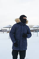 Чоловіча темно-синя куртка-парка зимова подовжена з хутром, Утеплена водовідштовхувальна парка синього кольору з капюшоном на пуху