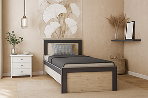 Стильне односпальне ліжко для дорослого 90*200 см в спальню ДСП Модуль Летро дуб крафт білий+графіт